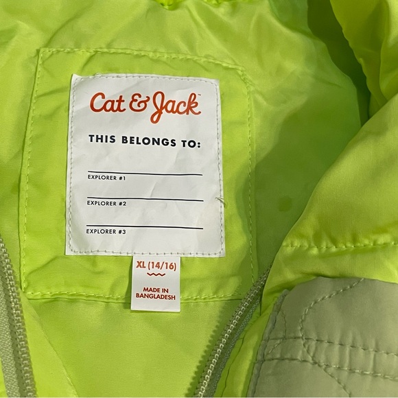 Cat & Jack Neon Yellow-Green Zip-Up Puffer Vest, Kids Sz XL (14/16) - Picture 3 of 3